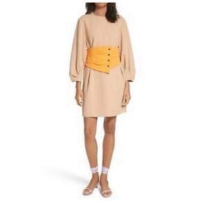 Tibi Shirred Sleeve Corset Waist Shift Dress Tan and Yellow